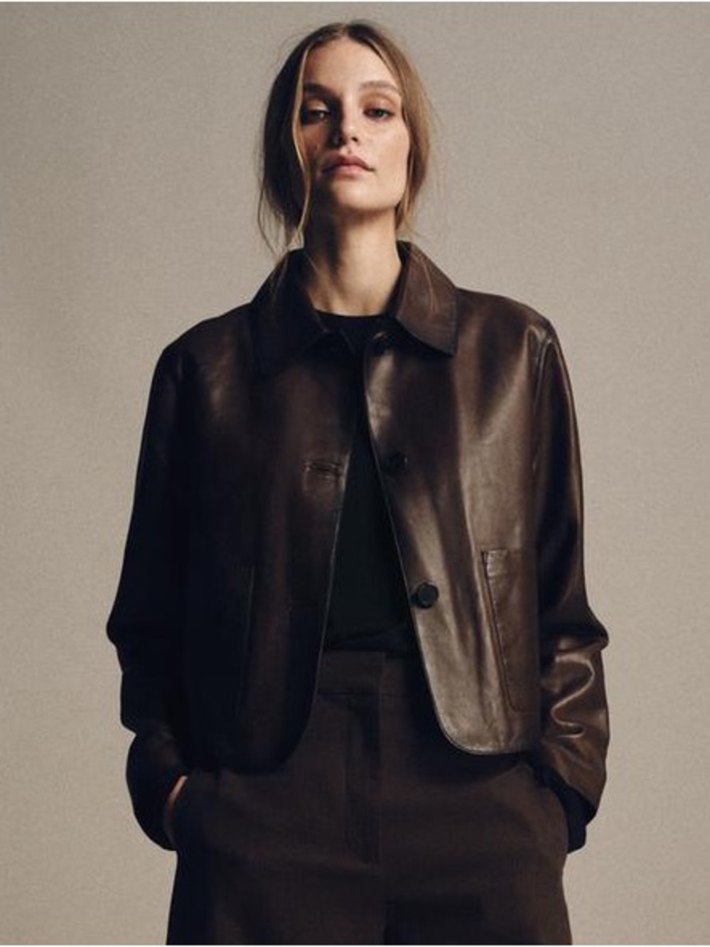 Zara ZW Collection Limited Edition Brown Minimal Leather Jacket. Size S.